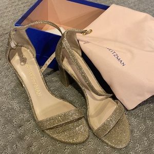 Stuart Weitzman Nudistcurve glitter block heel sandal sz 7